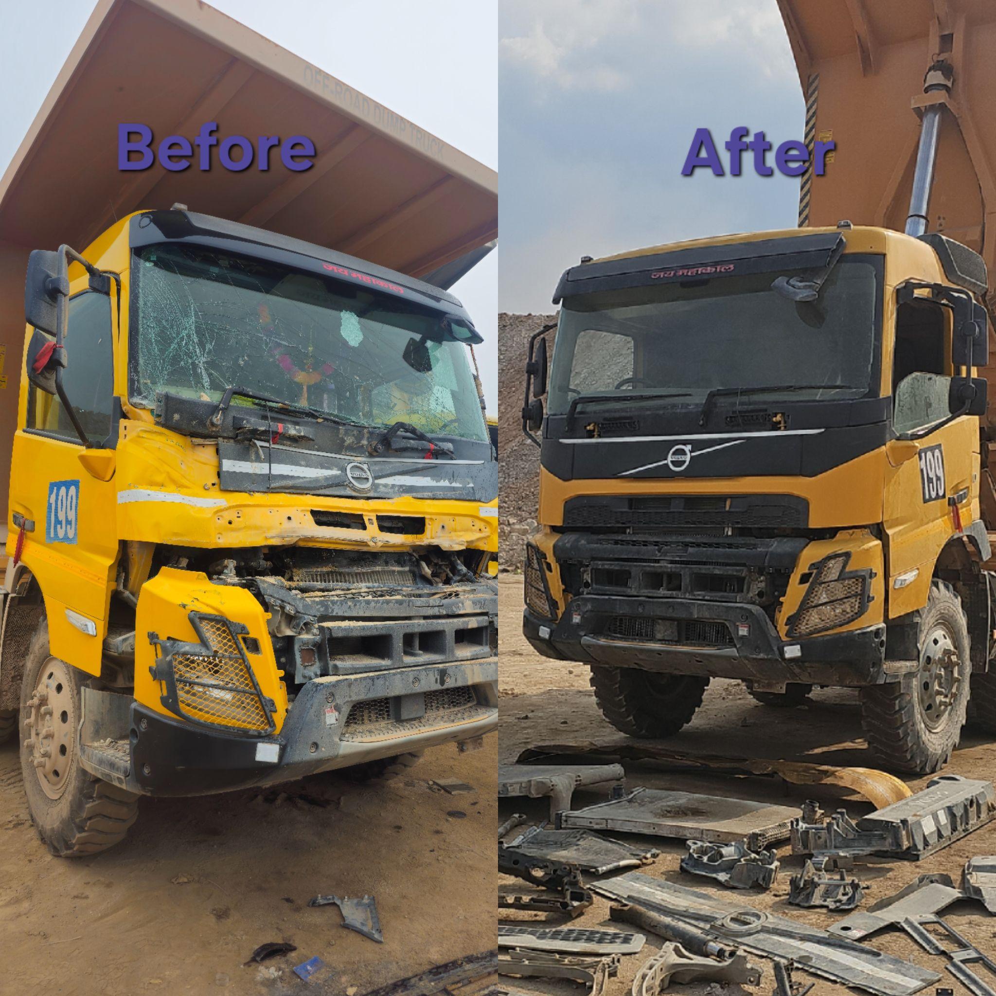 Before and after of a major loss Volvo off-road dump truck front-end and cabin accident repair
