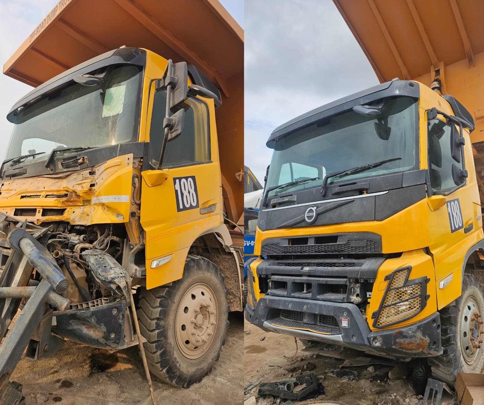 Accident-damaged Volvo dump truck cabin beside the same truck after a complete front-end restoration by VRA Mining